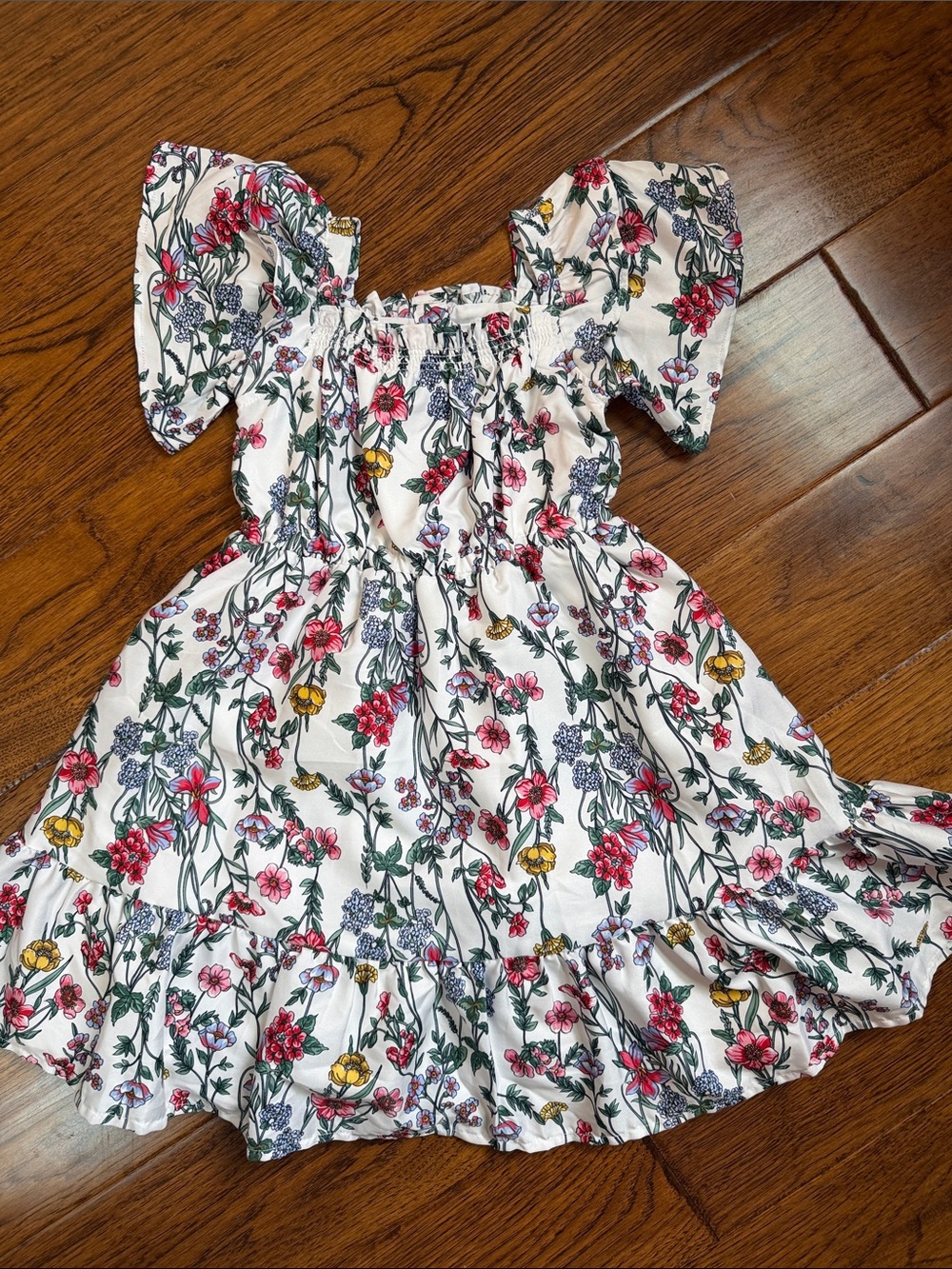 Girls White Floral Smocked Dress